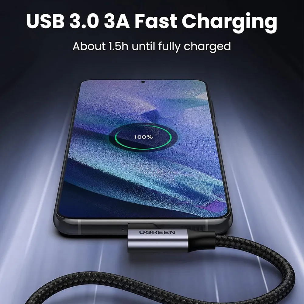 UGREEN 3A USB-C to USB-C (1m) 90° Angled Fast Charging & Data Sync Type C Charger Cable for Smartphones, Tablets, Cameras & Electronics Devices | US385