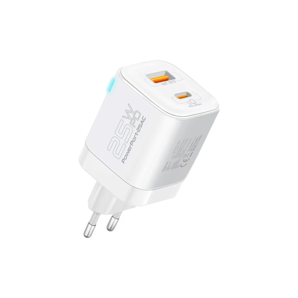 Ultra-Fast Dual Port AC Charger with 25W Power Delivery and QC 3.0