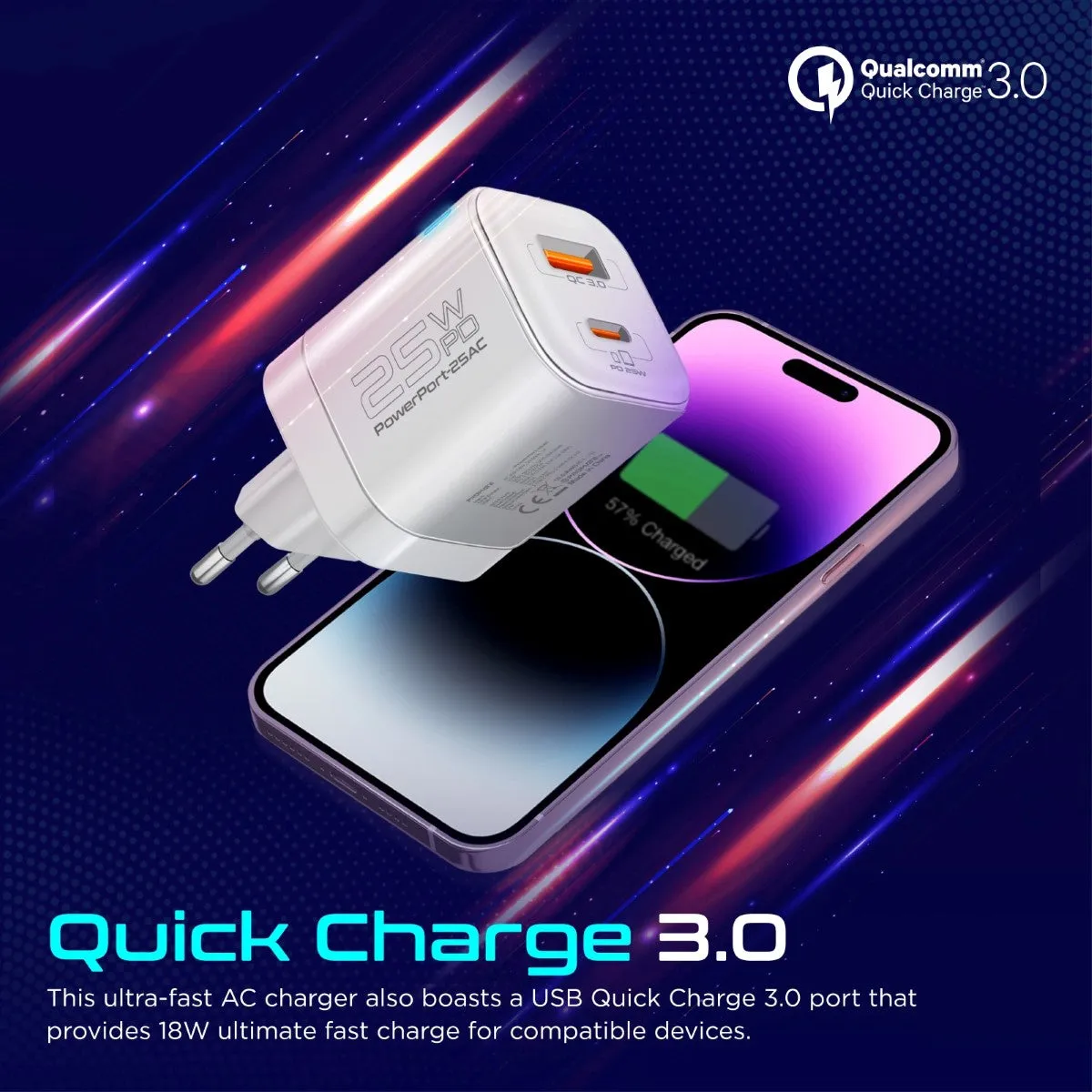 Ultra-Fast Dual Port AC Charger with 25W Power Delivery and QC 3.0