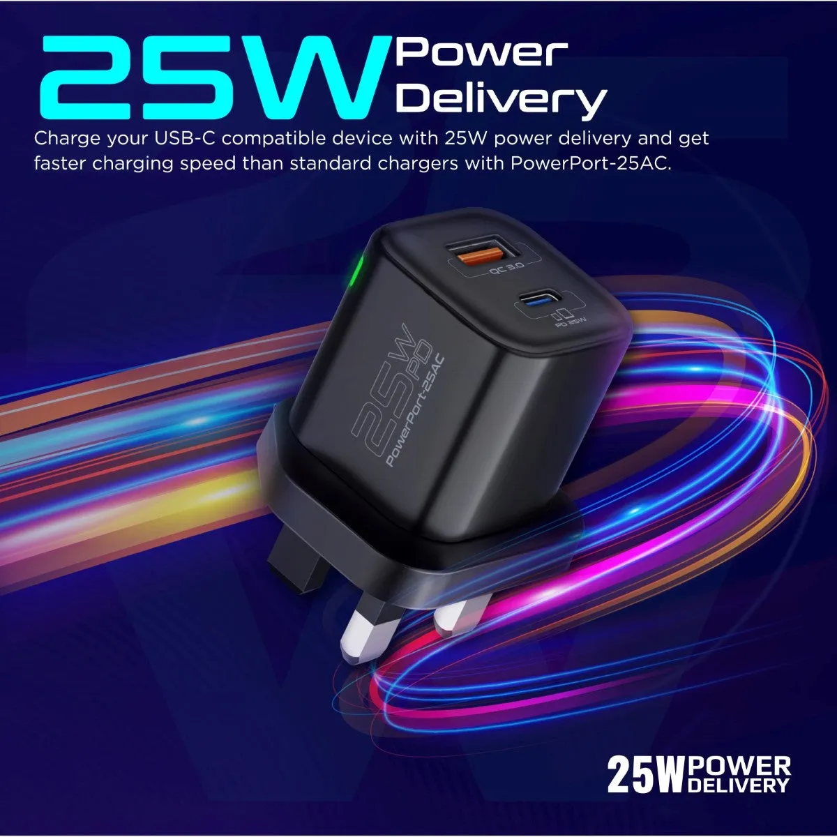 Ultra-Fast Dual Port AC Charger with 25W Power Delivery and QC 3.0