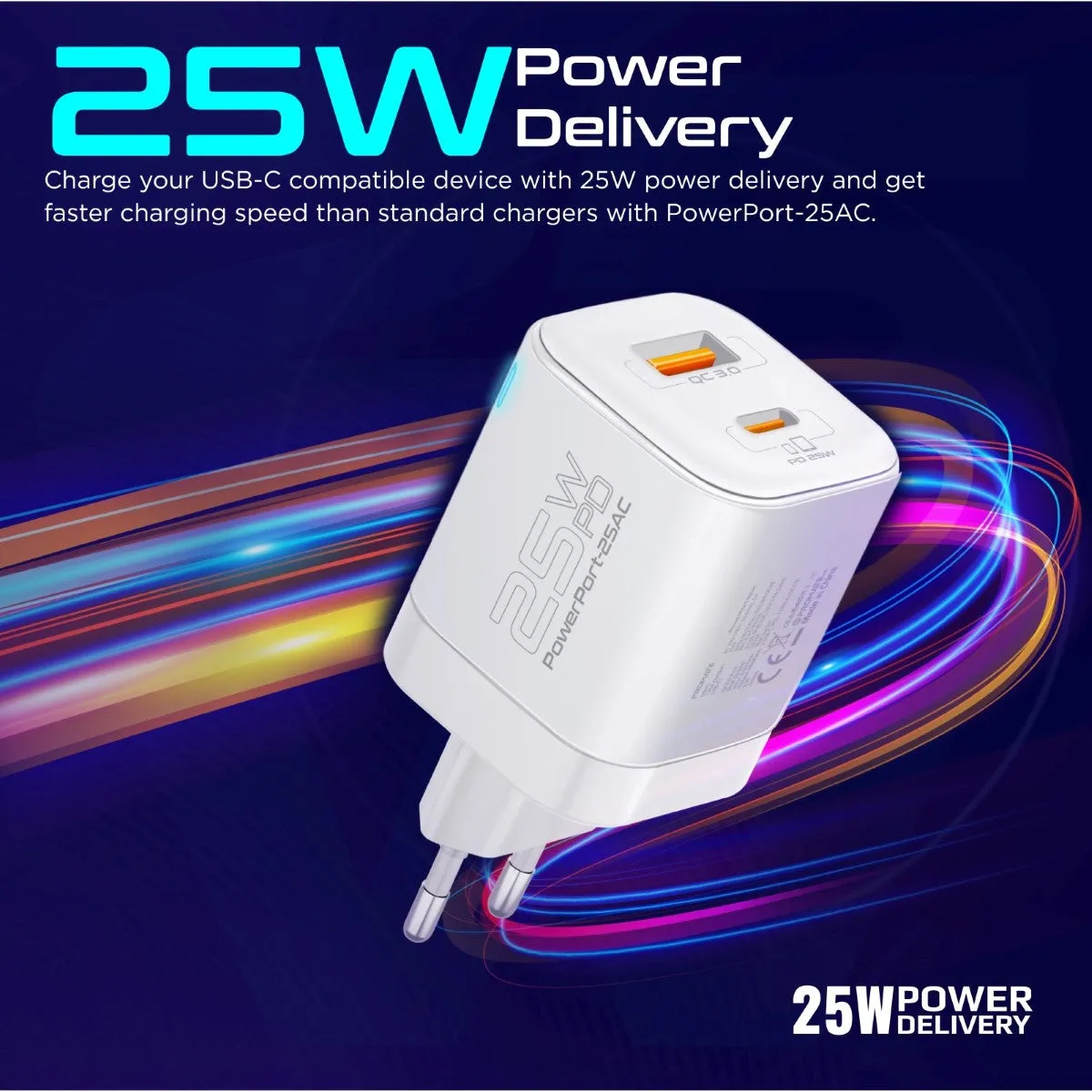 Ultra-Fast Dual Port AC Charger with 25W Power Delivery and QC 3.0