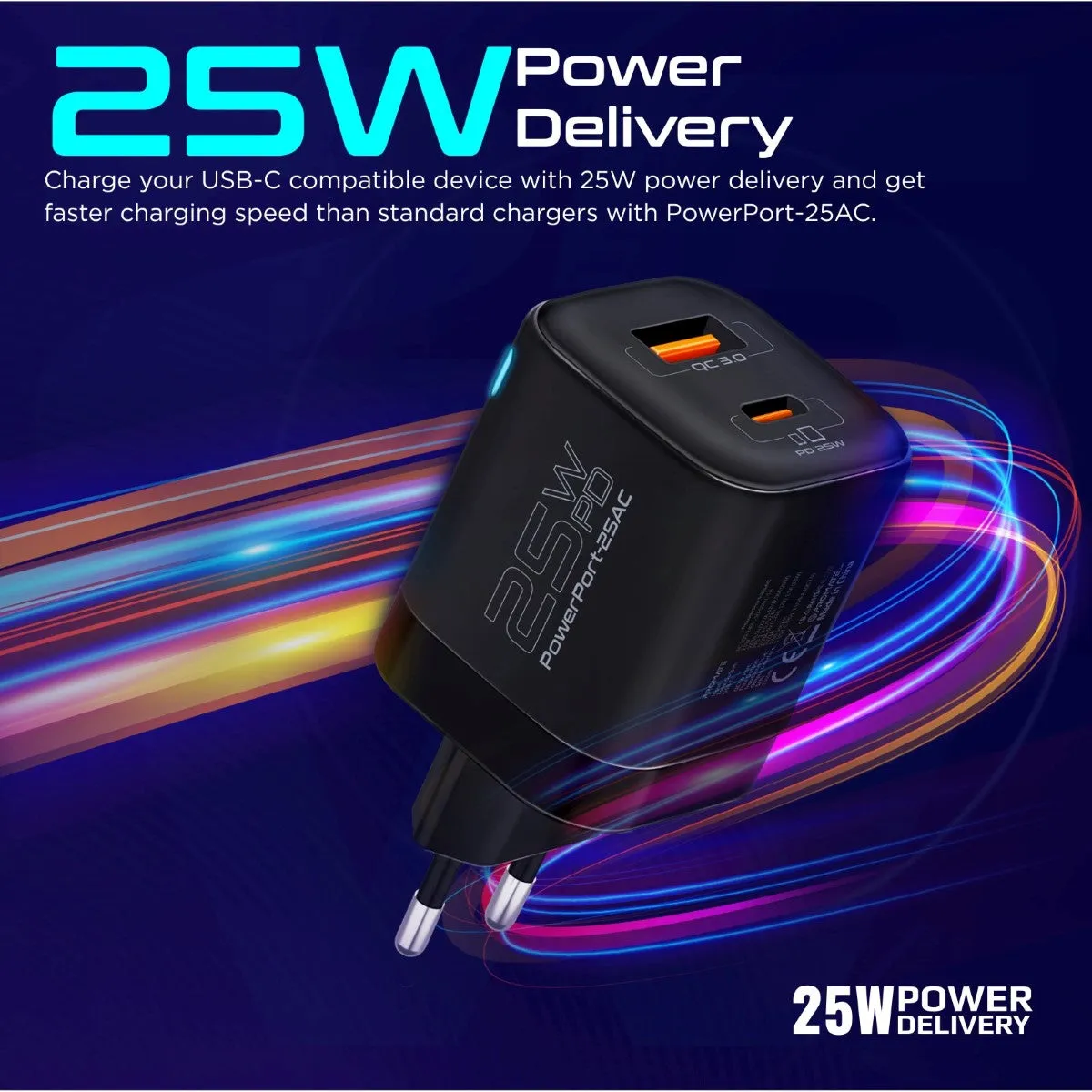 Ultra-Fast Dual Port AC Charger with 25W Power Delivery and QC 3.0