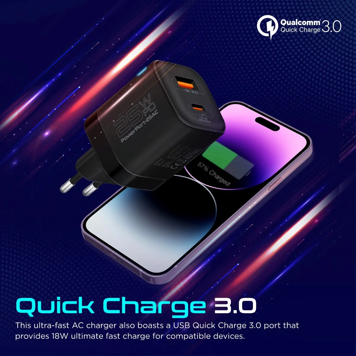 Ultra-Fast Dual Port AC Charger with 25W Power Delivery and QC 3.0