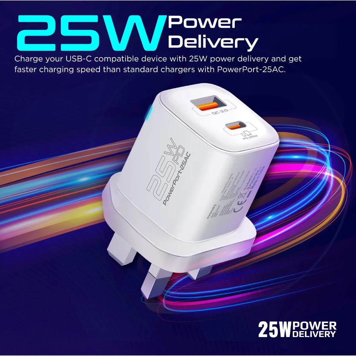 Ultra-Fast Dual Port AC Charger with 25W Power Delivery and QC 3.0