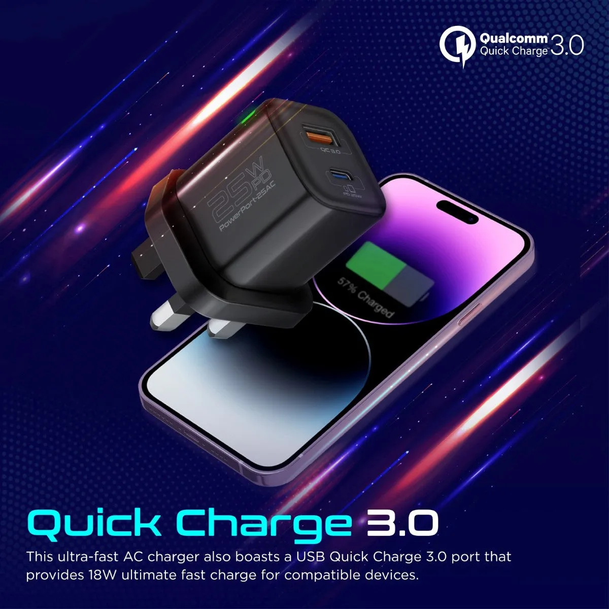 Ultra-Fast Dual Port AC Charger with 25W Power Delivery and QC 3.0