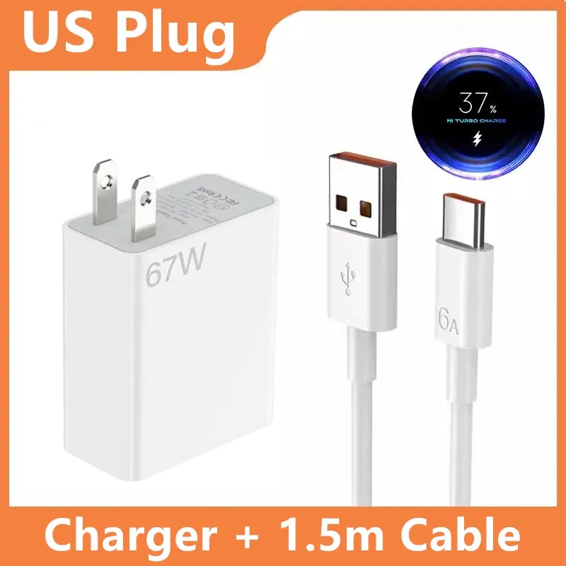 US Plug 6A 67W Ultra Fast Charger for Xiaomi 10T 11 12 Lite 13T Redmi Note 10 11T 12T 13 POCO X4 X5 F5 Type C USB Charging Cable