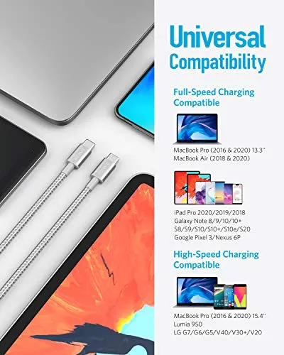 USB C Cable, Anker 2 Pack New Nylon USB C to USB C Cable (3.3ft 60W), PD Type C Charging Cable for MacBook Pro 2020, iPad Pro, Galaxy S20, Switch, Pixel, LG and Other USB C Charger (Silver)