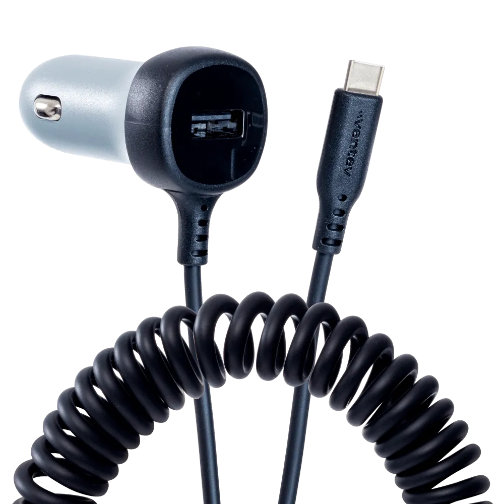 Ventev 12W USB A Car Charger w/ attached 15W USB C Cord by Ventev