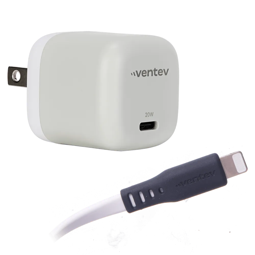 Ventev 20W PD USB C Mini Wall Charger and USB C to Apple Lightning Cable 3.3ft White by Ventev