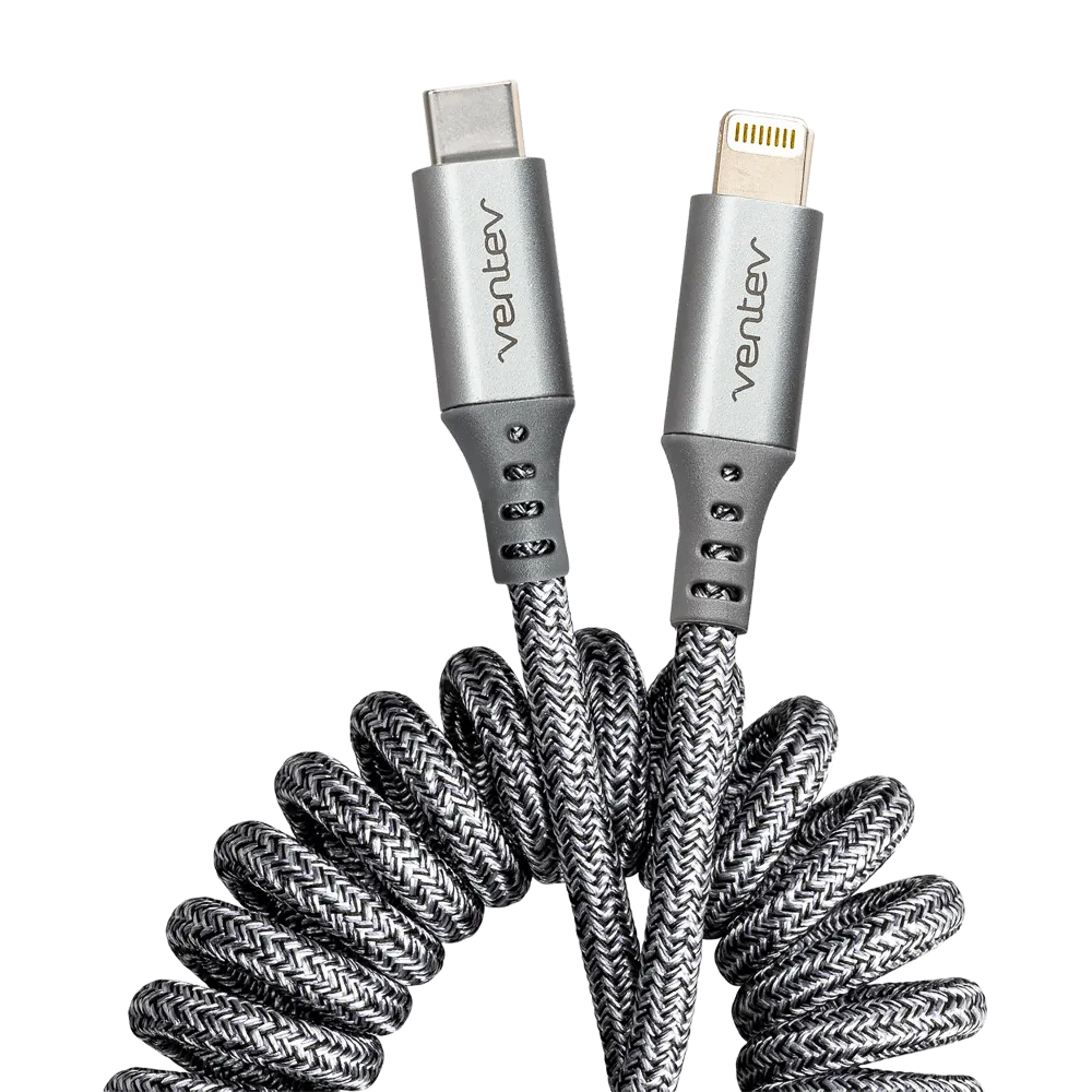 Ventev chargesync helix coiled USB C to Apple Lightning Cable 3ft Gray by Ventev