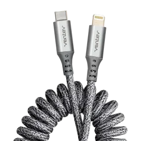 Ventev chargesync helix coiled USB C to Apple Lightning Cable 3ft Gray by Ventev