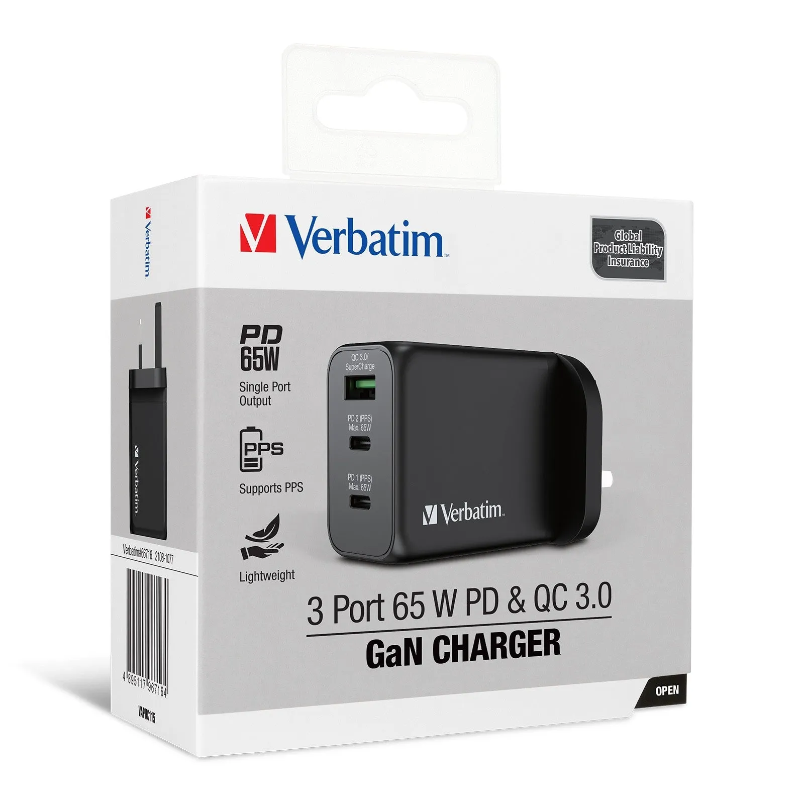 Verbatim 3 Port 65W PD 3.0 & QC 3.0 GaN Charger