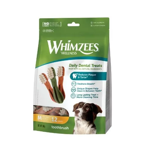 Whimzees Toothbrush Dental Dog Chew Treat Pack 114mm Medium 12 Pack