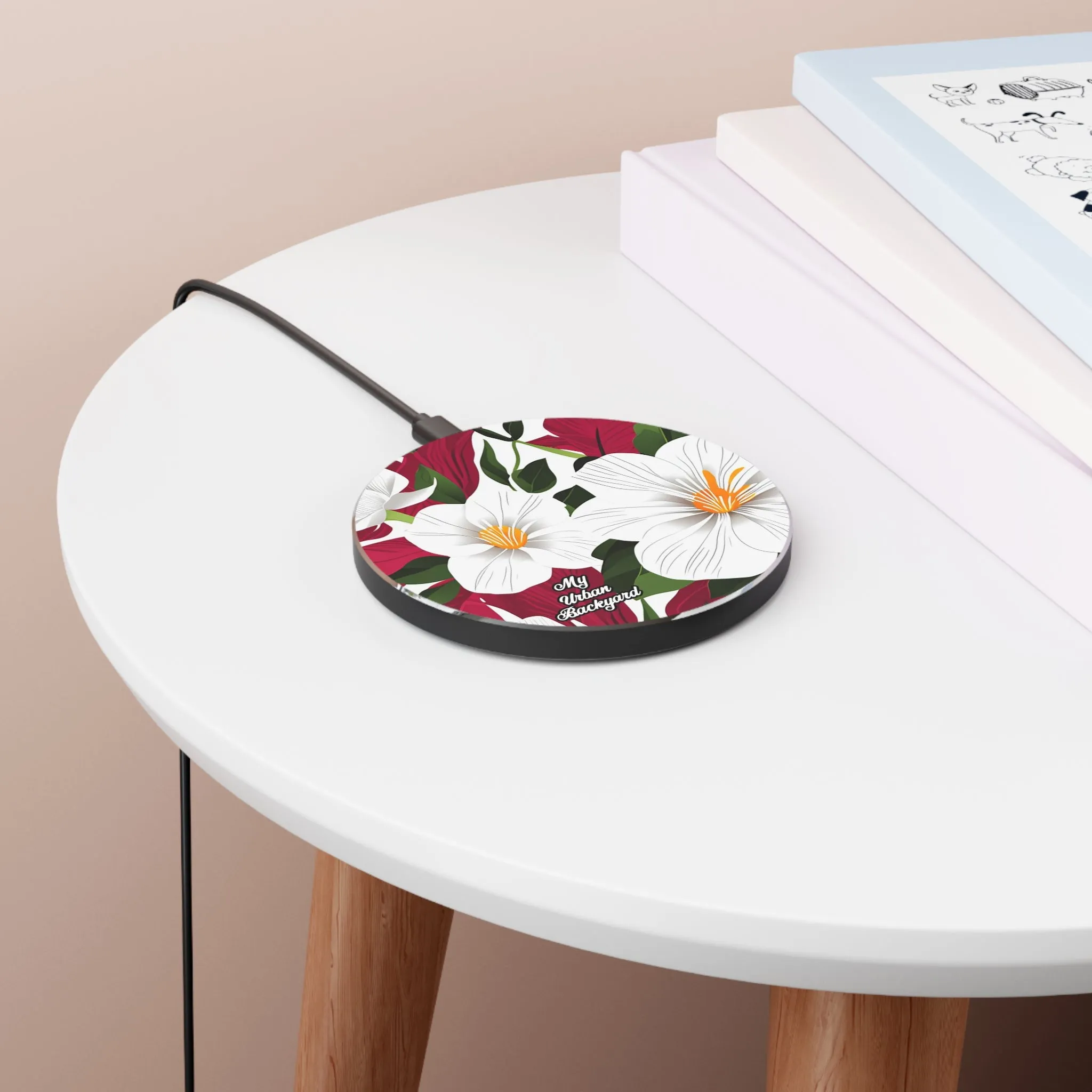 Wireless Cell Phone Charger for iPhone or Android - White Flowers on Red