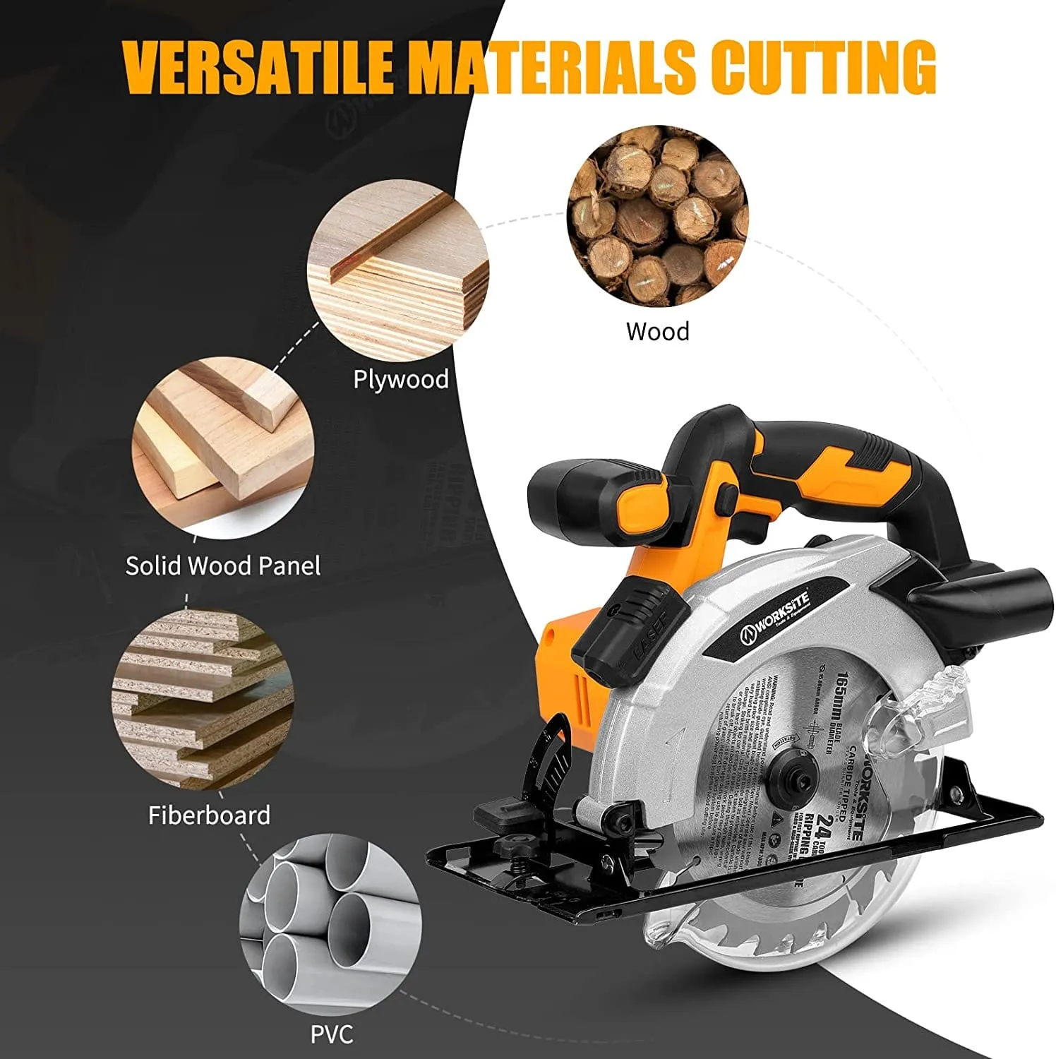 Worksite Cordless Circular Saw 20V, 2.0AH Battery and FAST Charger. High-Performance Motor delivers 4000 RPM’s for aggressive cutting. 6-1/2″” Carbide Tooth Blade delivers a 2-1/8′ cutting capacity. - CCS334