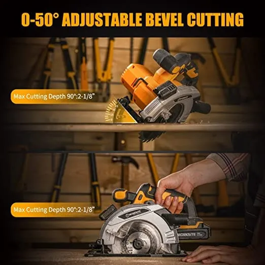 Worksite Cordless Circular Saw 20V, 2.0AH Battery and FAST Charger. High-Performance Motor delivers 4000 RPM’s for aggressive cutting. 6-1/2″” Carbide Tooth Blade delivers a 2-1/8′ cutting capacity. - CCS334