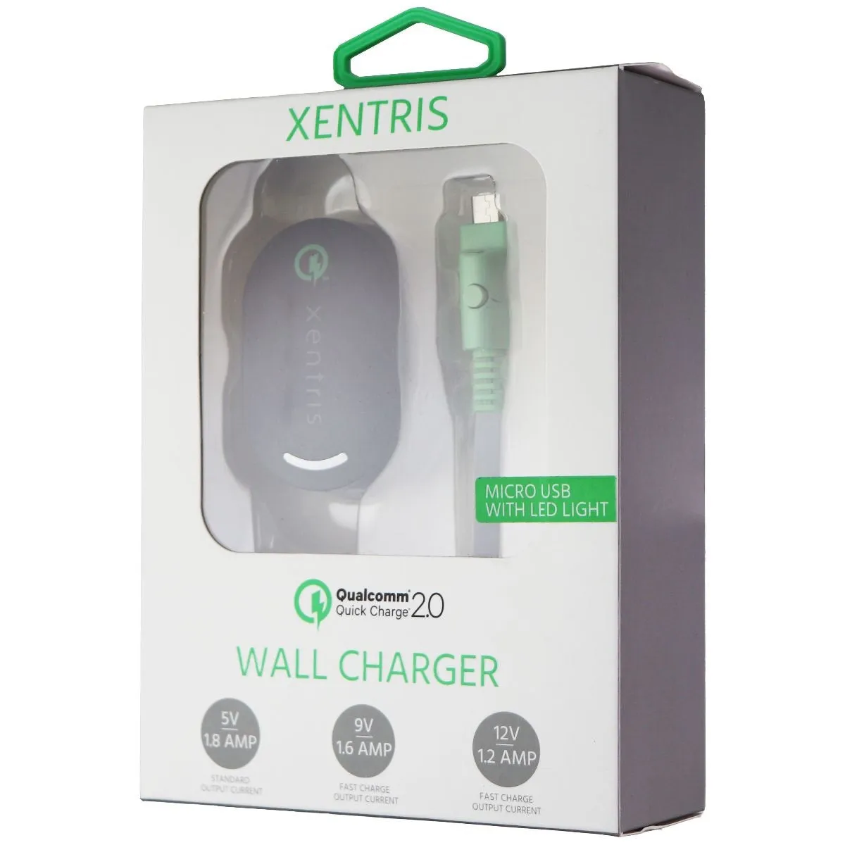 Xentris QC 2.0 Wall Adapter with Flat Micro-USB LED Cable - Black/Gray/Green