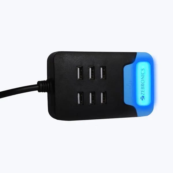 ZEBRONICS -PS160L USB Power Strip with 6 USB Ports, Smart Design for Faster Charging and Led Light with Cable, Black, 5 Volts